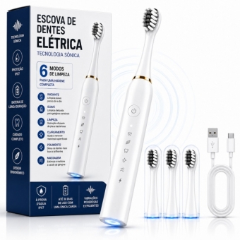Escova Elétrica Sônica Recarregável USB IPX7 6 Modos + 4 Refis