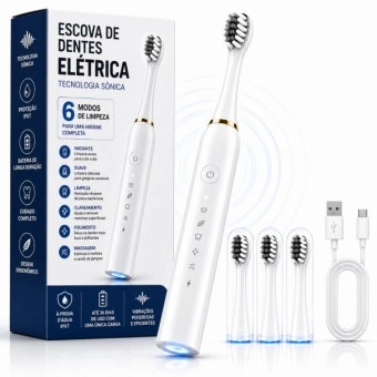 Escova Elétrica Sônica Recarregável USB IPX7 6 Modos + 4 Refis