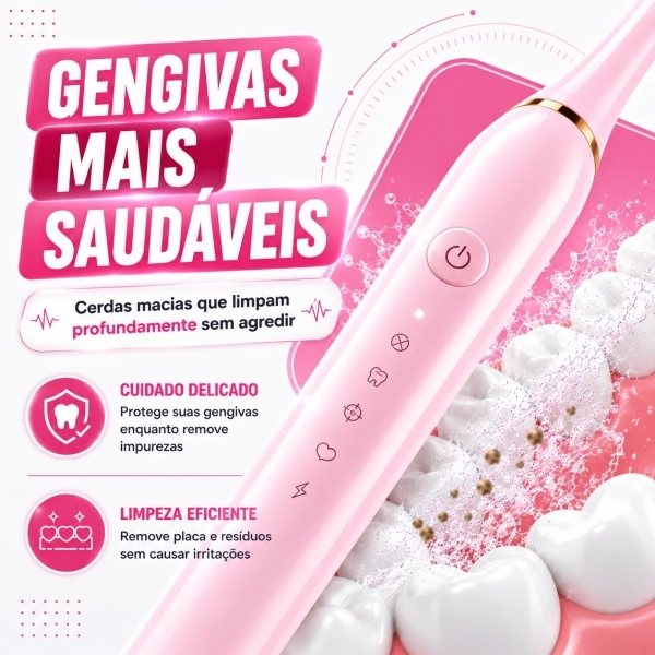 Escova Elétrica Sônica Recarregável USB IPX7 6 Modos + 4 Refis - Rosa