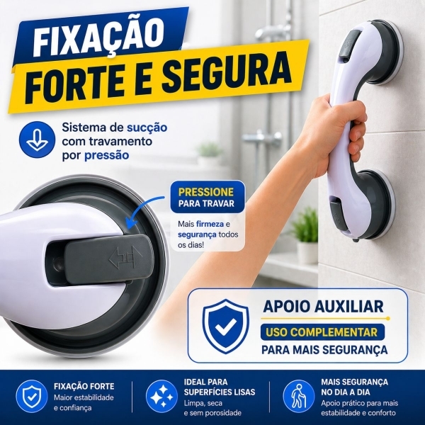 Barra de Apoio para Banheiro com Ventosa Sem Furo Segurança